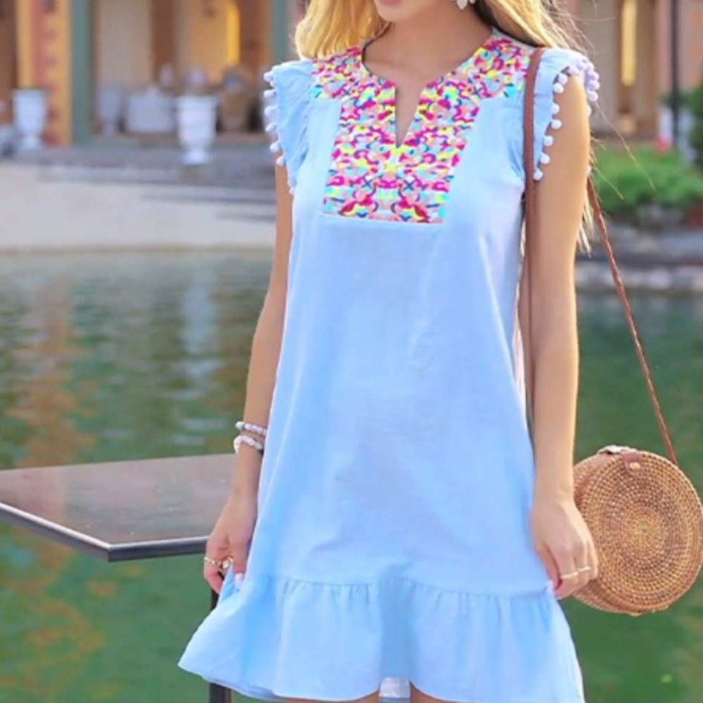 Kirundo Light Blue Embroidered Boho Flutter Sleeve Ruffle Mini Dress S